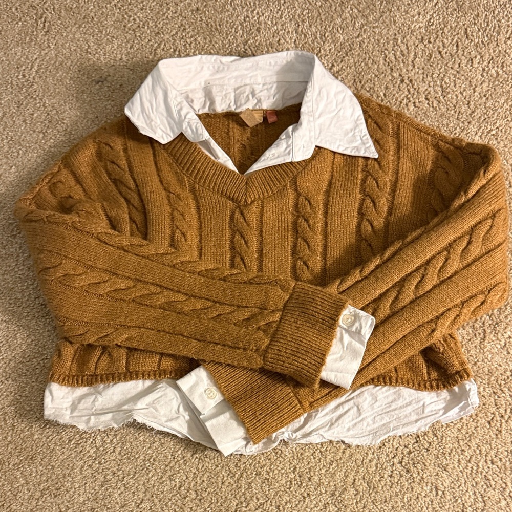 Pilcro V-Neck Cable Knit Sweater in Brown